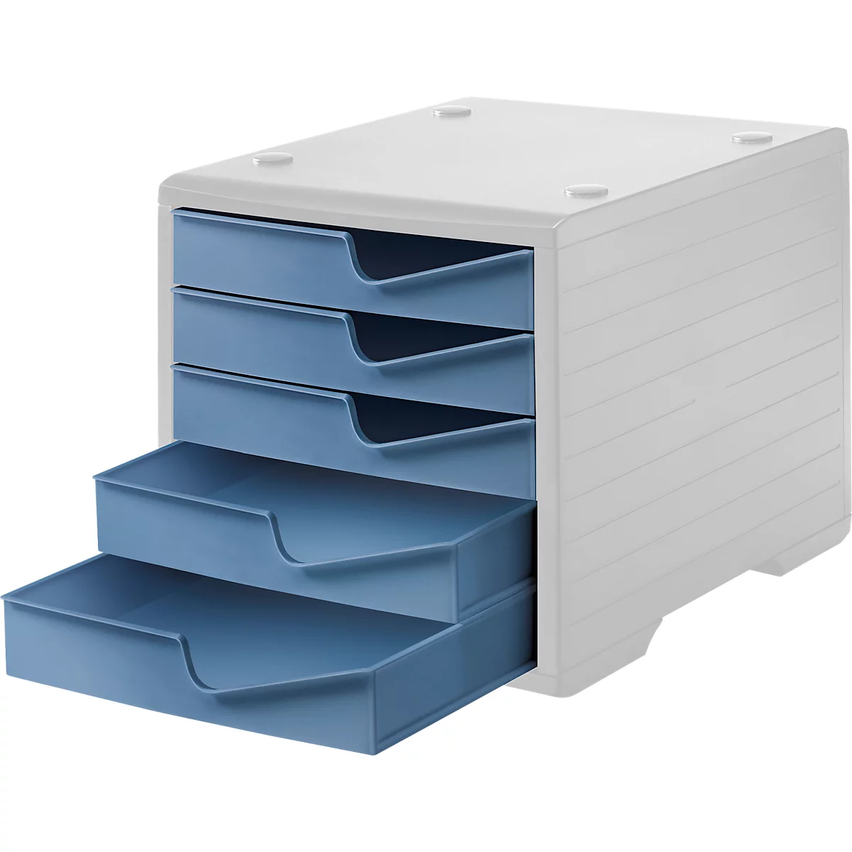 White drawer cabinet with four blue drawers, one drawer is open.