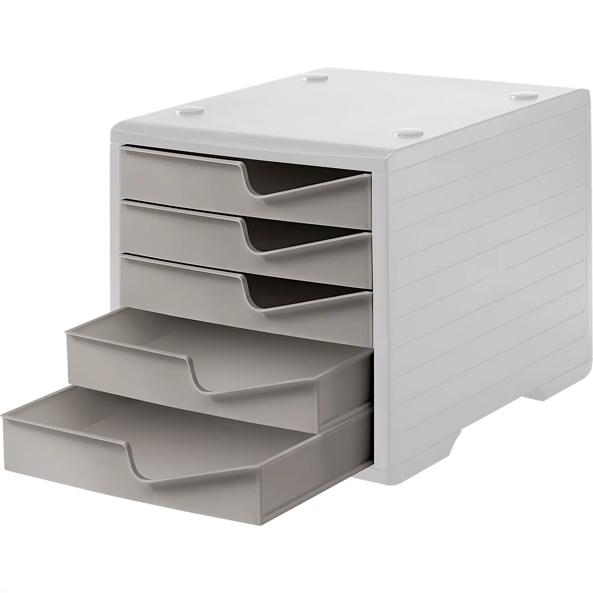 Gray drawer cabinet with four drawers, one partially open.