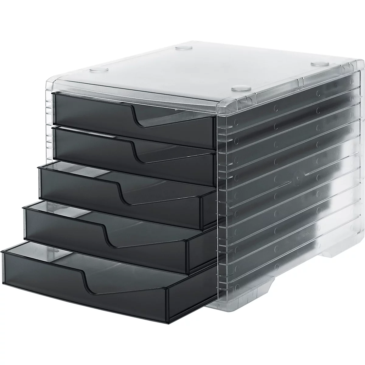 Gray drawer box with transparent lid. Each drawer has a curved handle. The box is made of plastic.