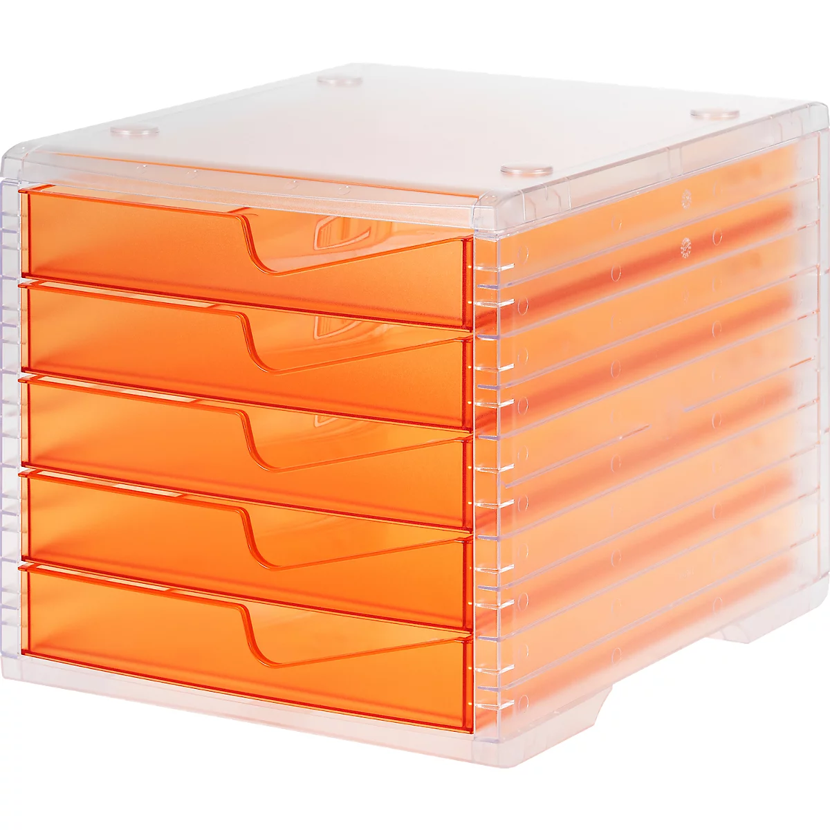 Orange, transparent drawer tower with five drawers, lid with recesses. Plastic. Drawers with recessed handles.