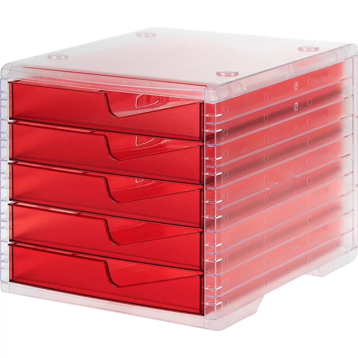 Red drawer cabinet with transparent housing. Five drawers, stacked. Lid with four holes.