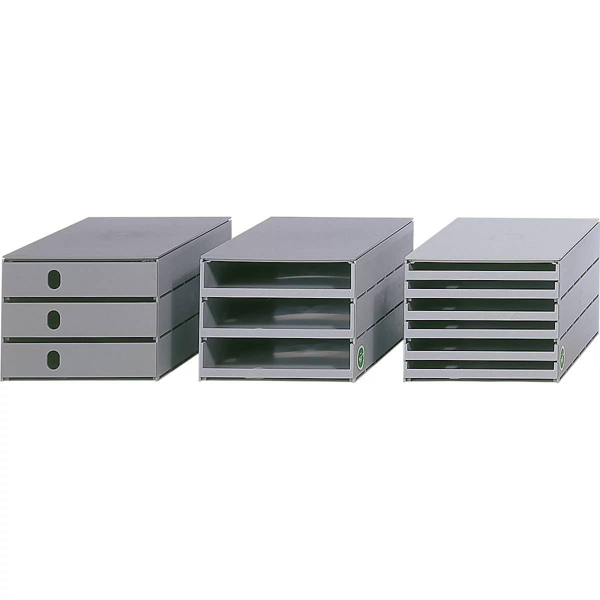 Three gray office storage units: drawers, open shelves, and multiple trays.