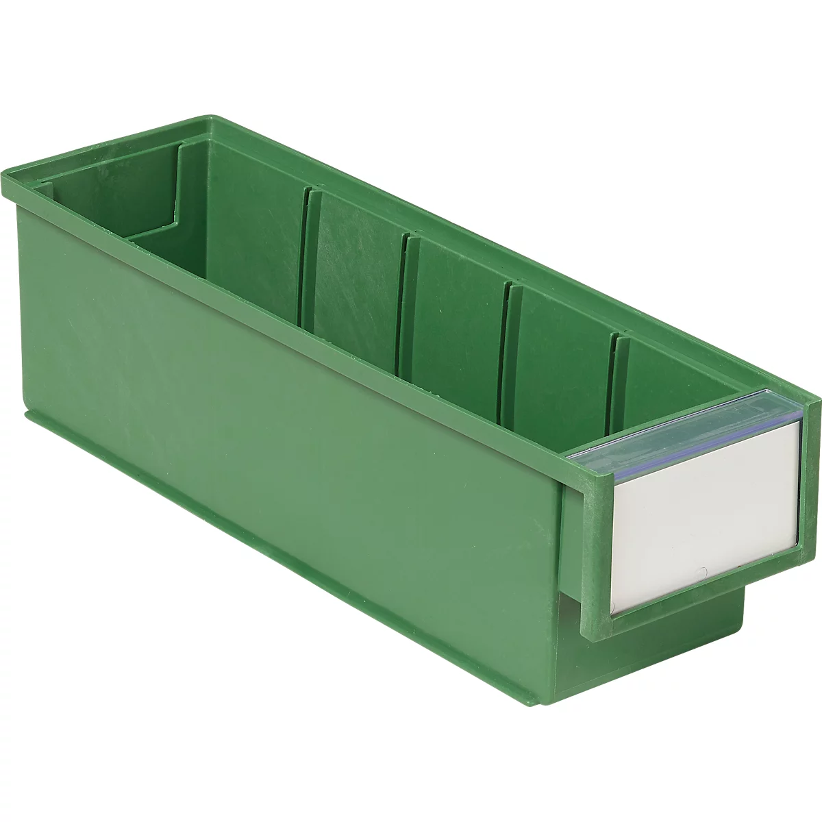Green storage box with dividers and label holder. The box is empty and stands on a white background.