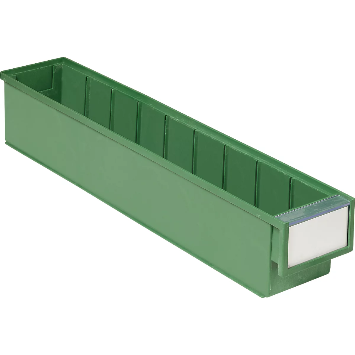 Long green plastic box with rectangular recess for labeling. Internally divided.
