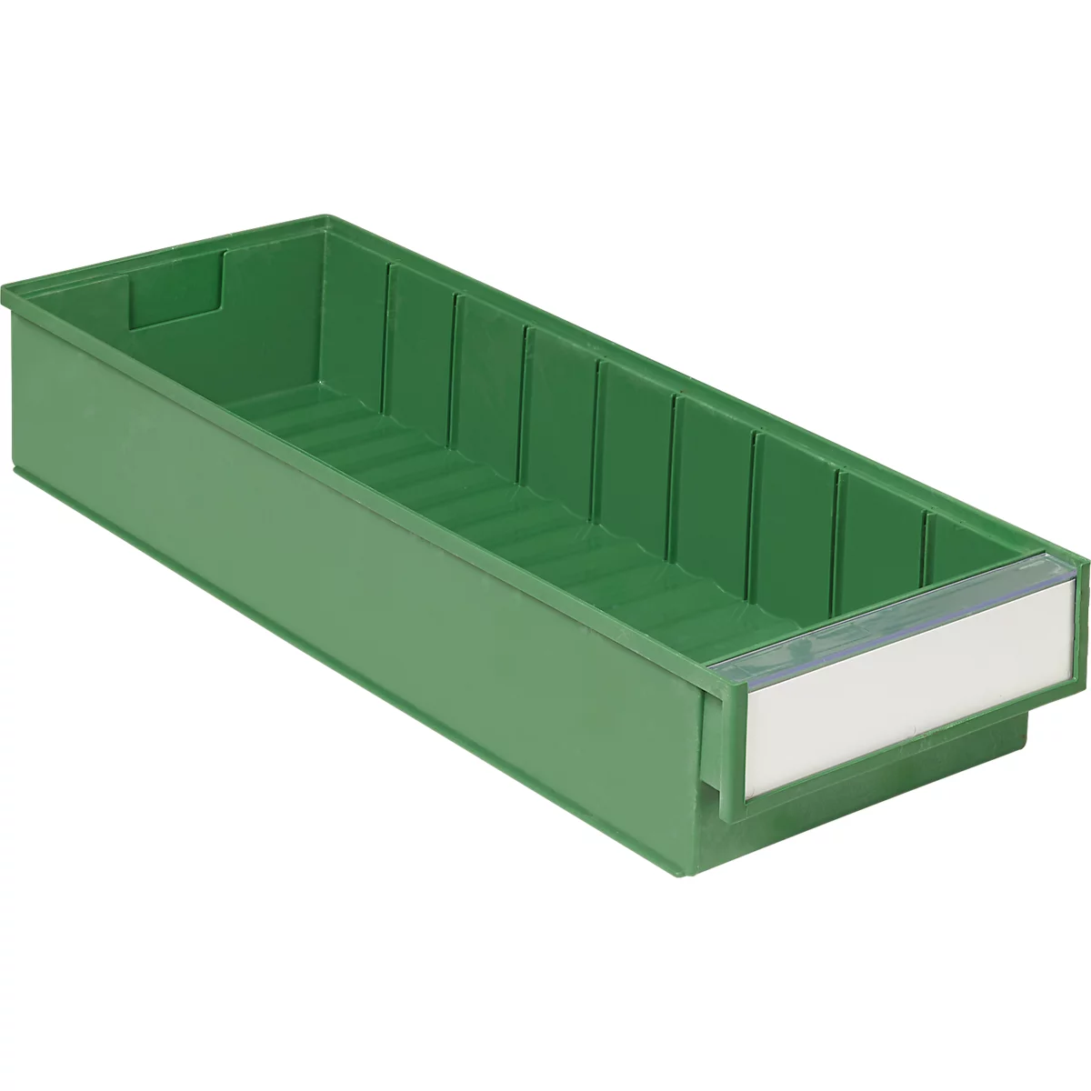 Green storage box with white label.