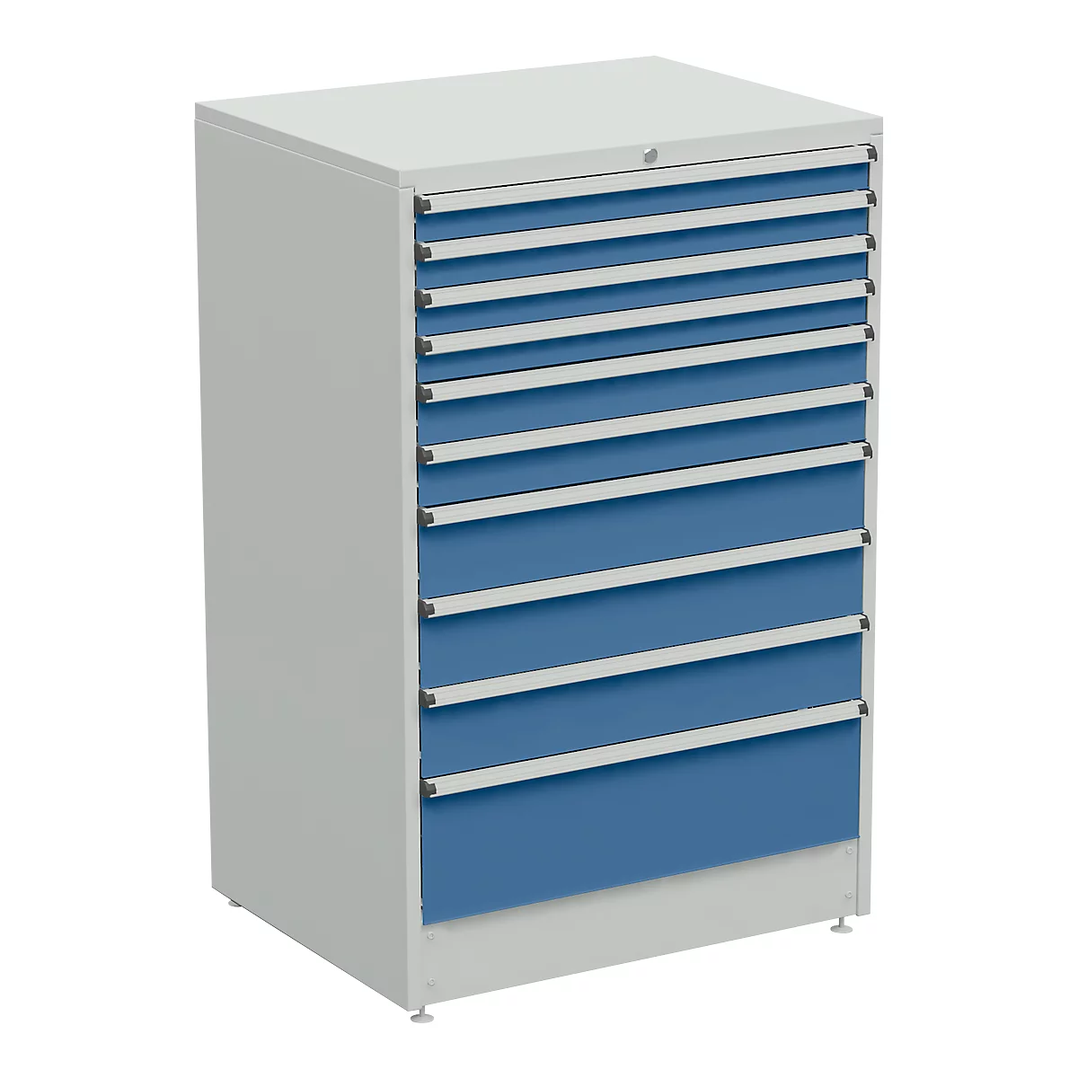 Gray tool cabinet with blue drawers. The cabinet stands on small feet. There is a small lock on top.
