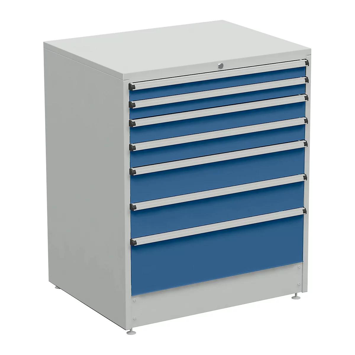 Tool cabinet with blue drawers and a silver body. The lock is at the top.