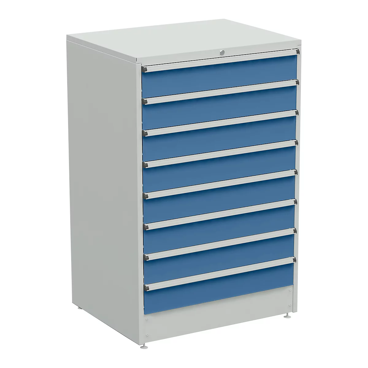 Grey cabinet with blue drawers. Drawers with silver handles. A keyhole is on top.