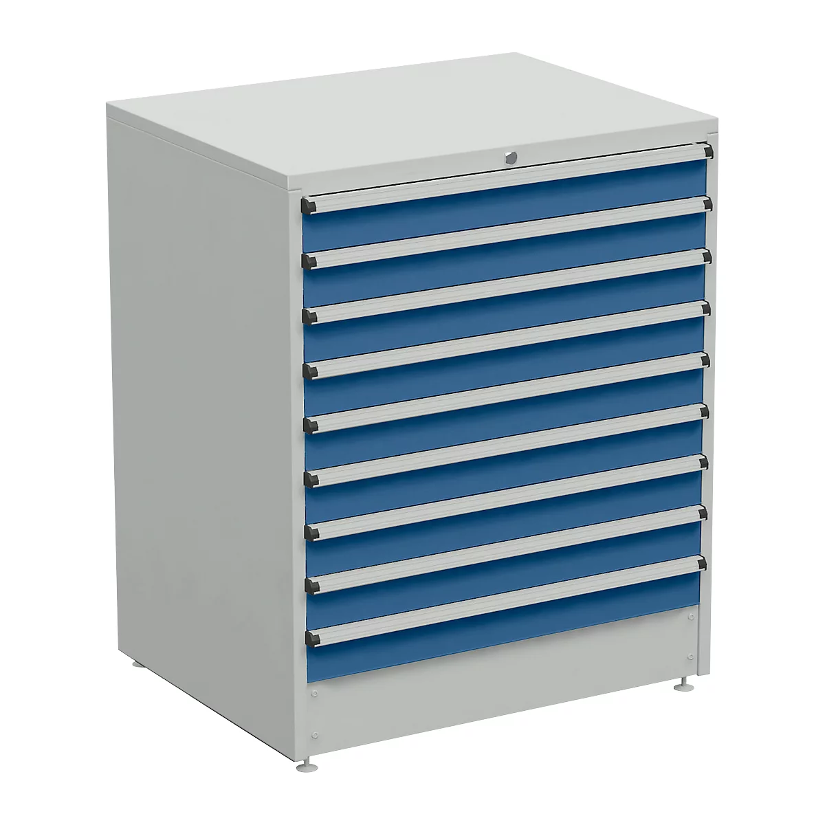 Gray cabinet with blue drawers. There is a lock on the top. The drawers are arranged horizontally.