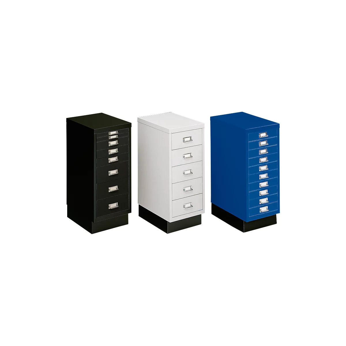 Three file cabinets in black, white, and blue, with drawers and label holders, stand side by side.