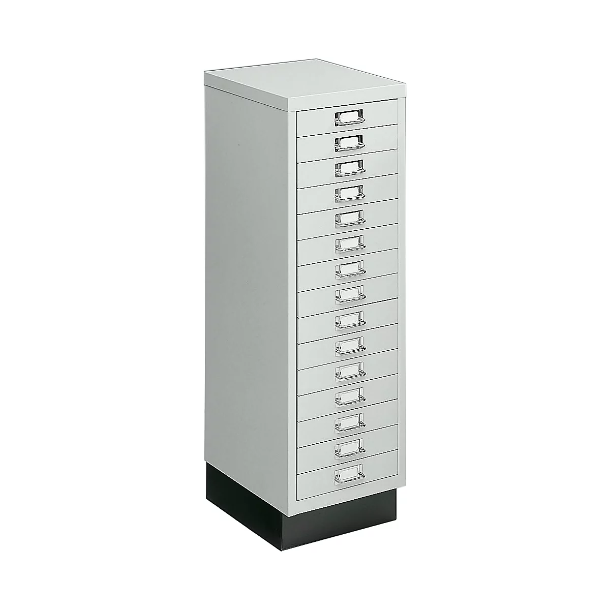 Tall gray filing cabinet with 12 drawers. Each drawer has a silver handle and a name plate.