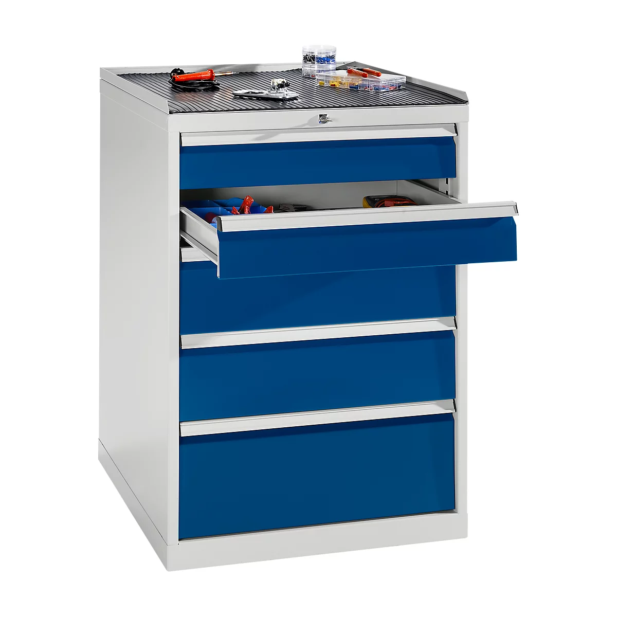 Tool cabinet with an open, blue painted drawer. Tools are placed on top, on a black, ribbed surface.