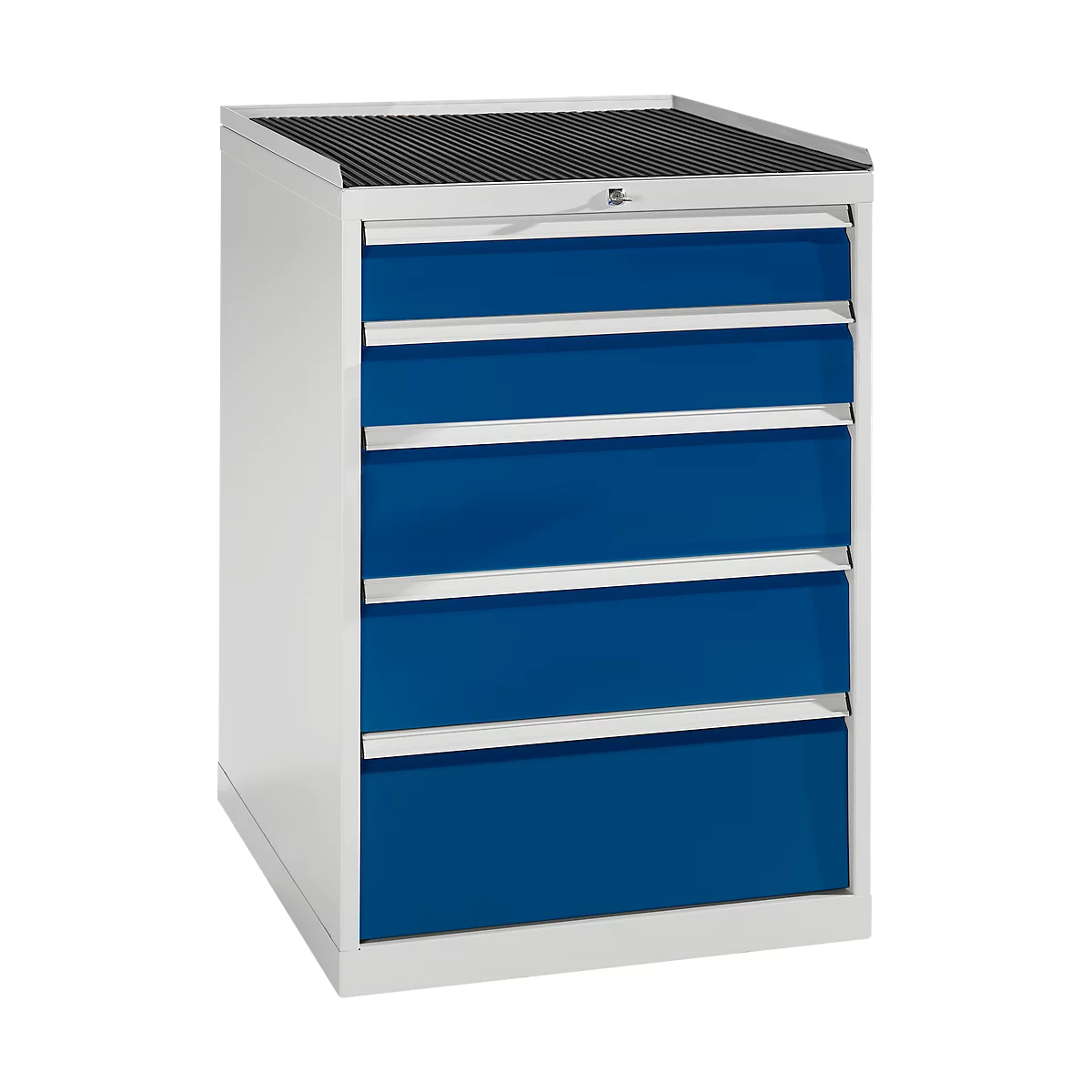 White cabinet with five dark blue drawers. Black, corrugated top.