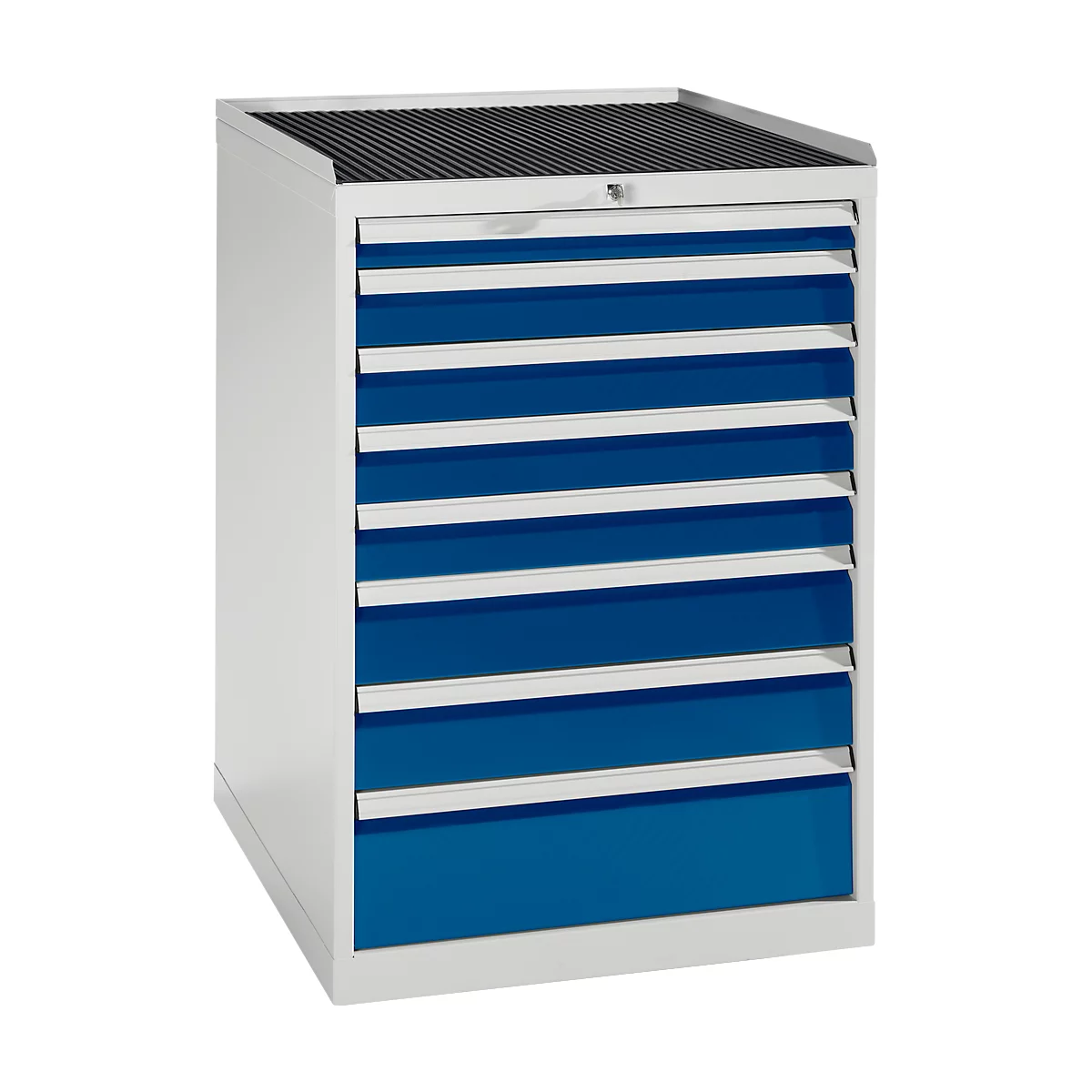 Tool cabinet with white sides and blue drawers, black ribbed top.