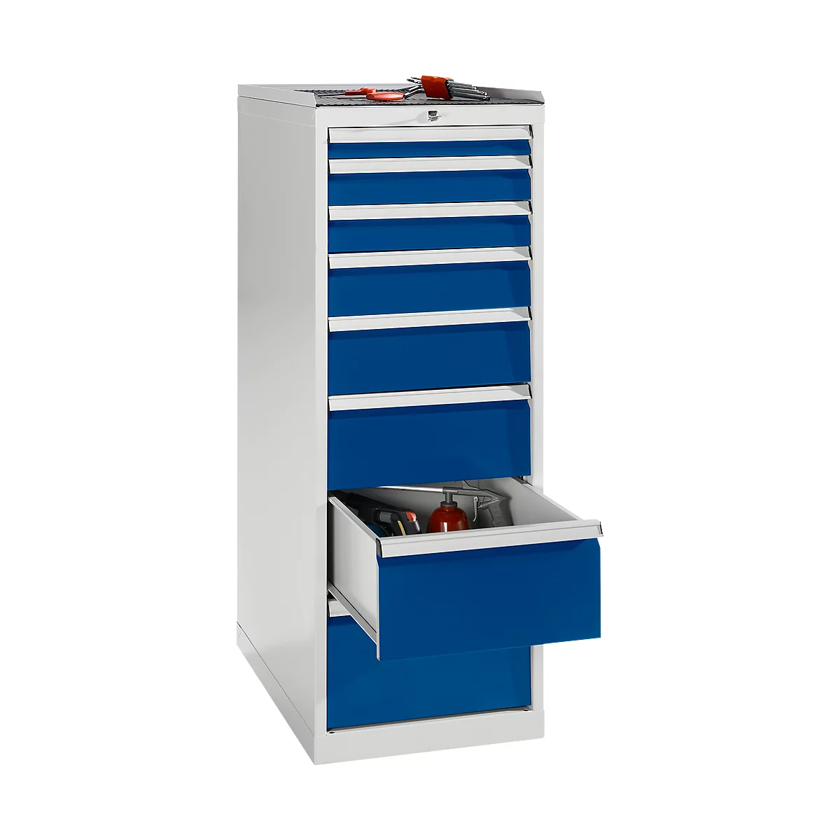 Cabinet with blue drawers, one is open. Tools are on the cabinet.
