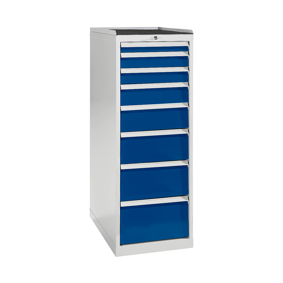 A white tool cabinet with blue drawers. The cabinet is white on top and on the sides. The drawers are blue and separated by white strips.