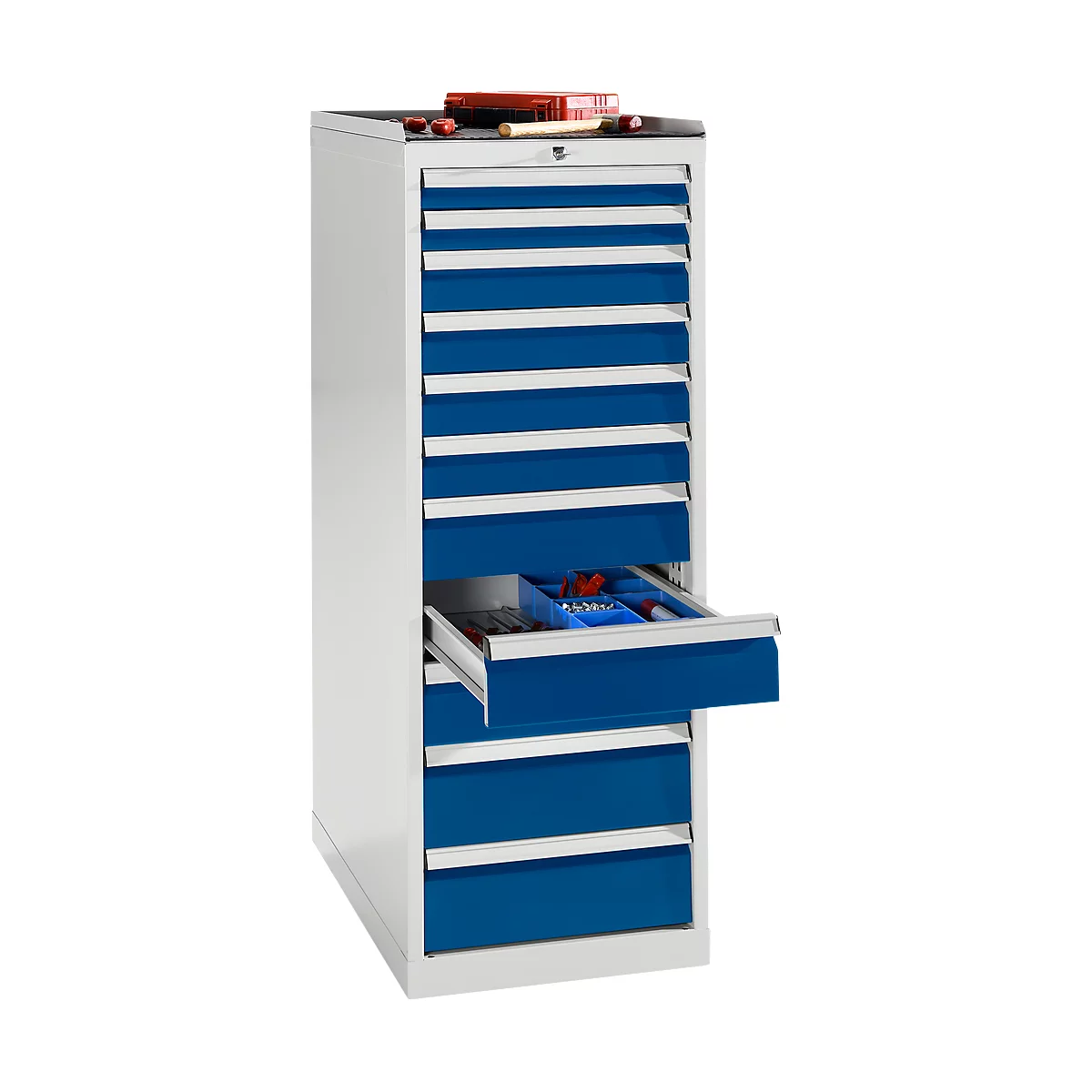 Tool cabinet with blue drawers, one drawer open, filled with tools.