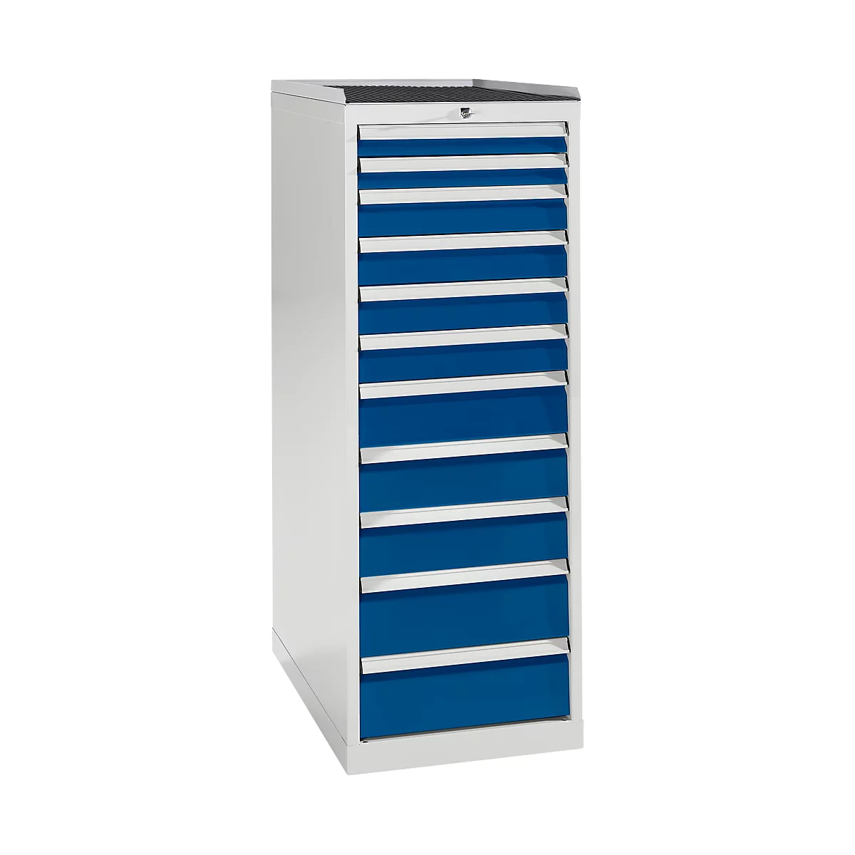 White cabinet with blue drawers. The cabinet has a narrow shape and a closing system.