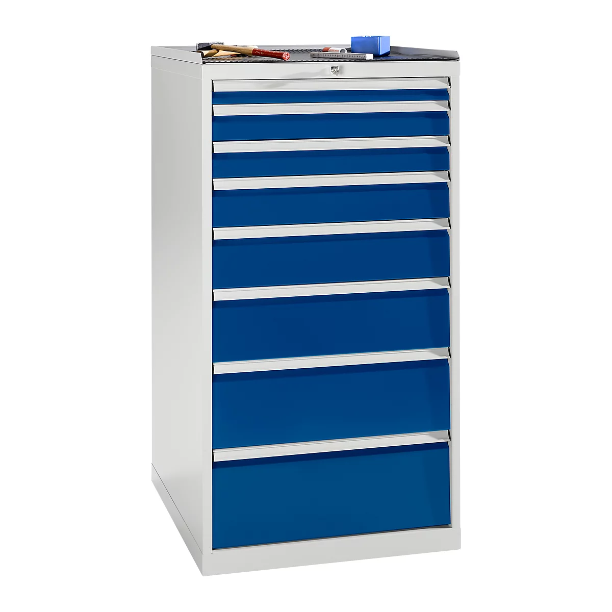 Tool cabinet with blue drawers and tool tray. White case, drawers with white handles.