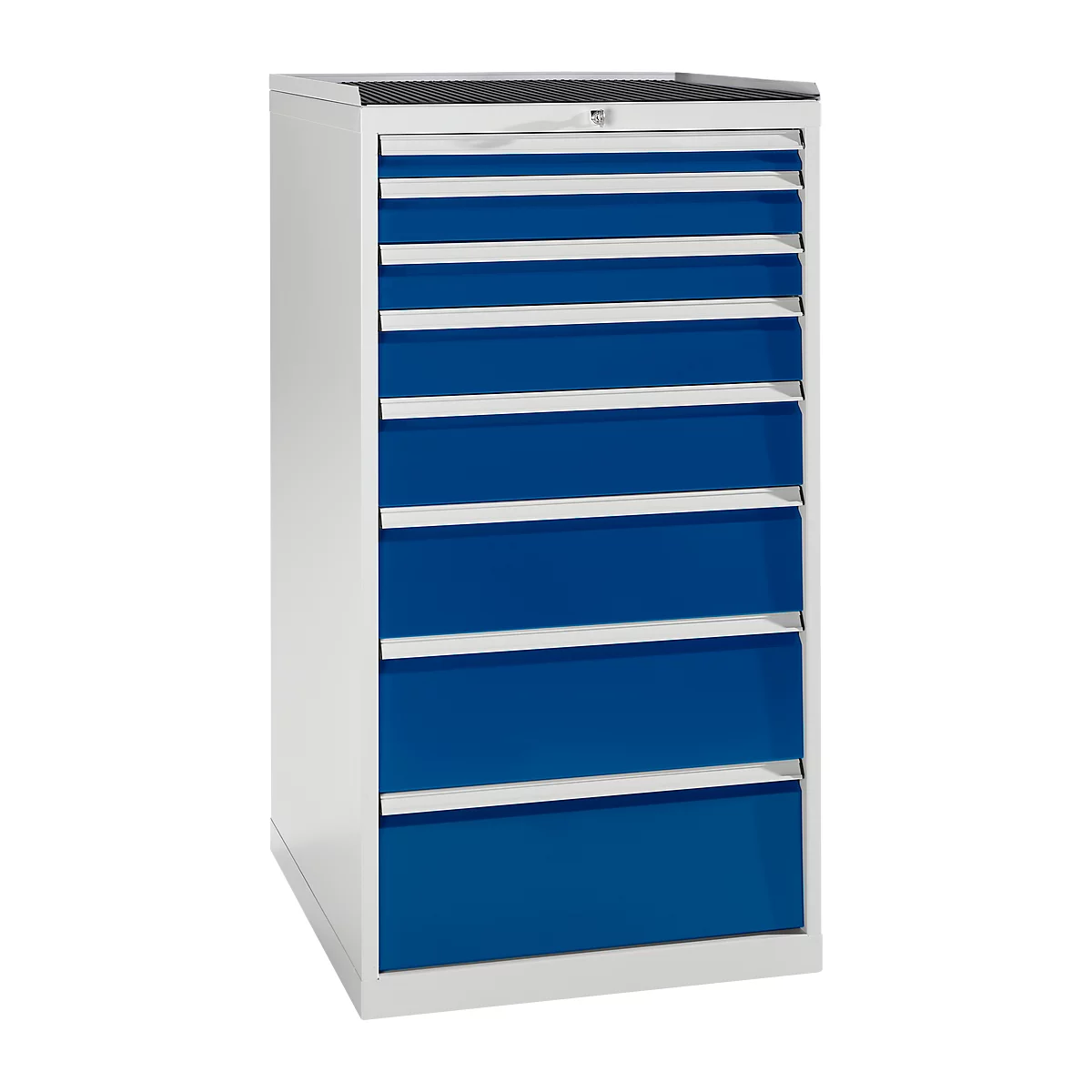 White and blue tool cabinet with 8 drawers. Drawers are blue, frame white, black top.