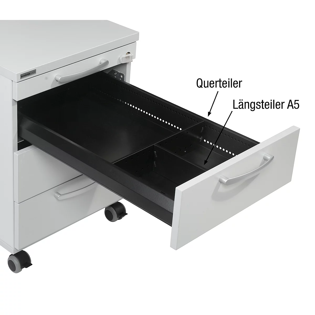 White mobile pedestal, drawer open, black interior division, labeling: Querteiler, Längsteiler A5.