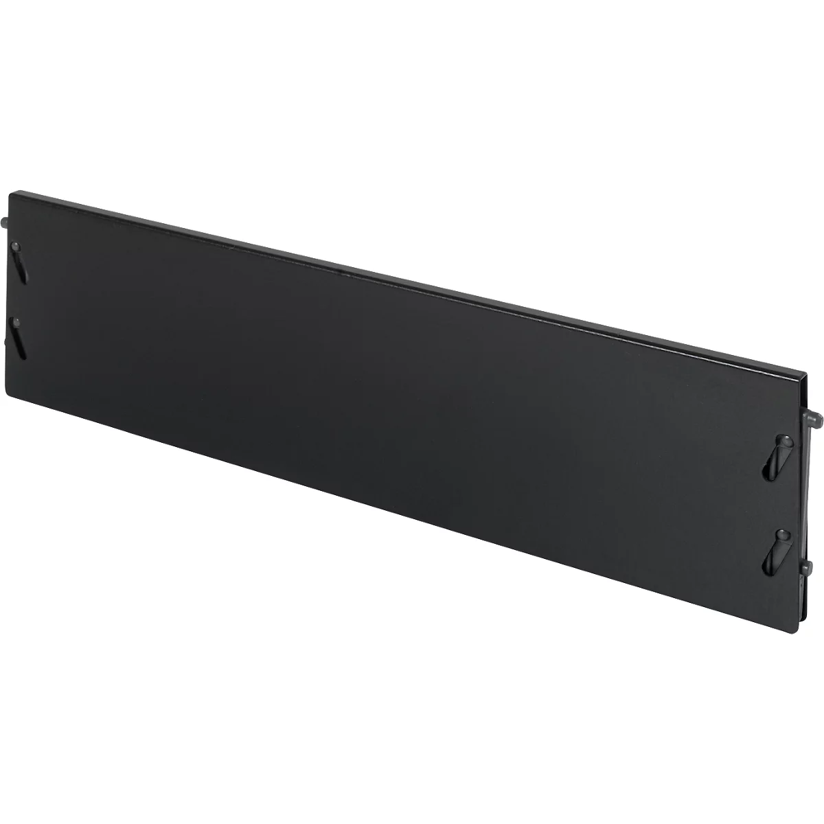 Black, rectangular metal part with fasteners on the ends.
