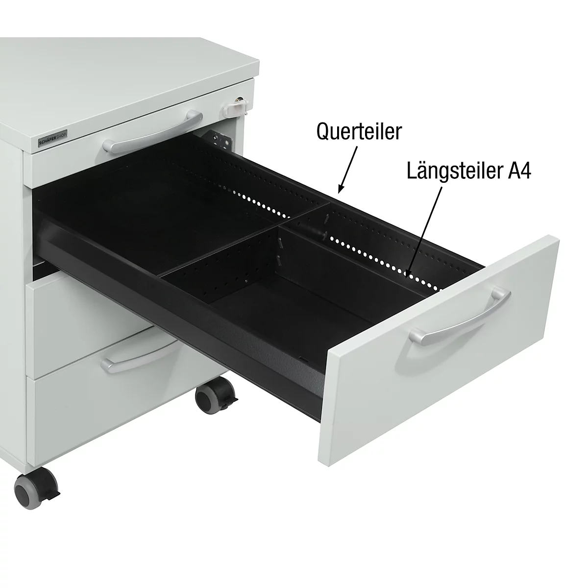 A white mobile pedestal with an open drawer, black interior. Labelling: cross and longitudinal dividers A4.
