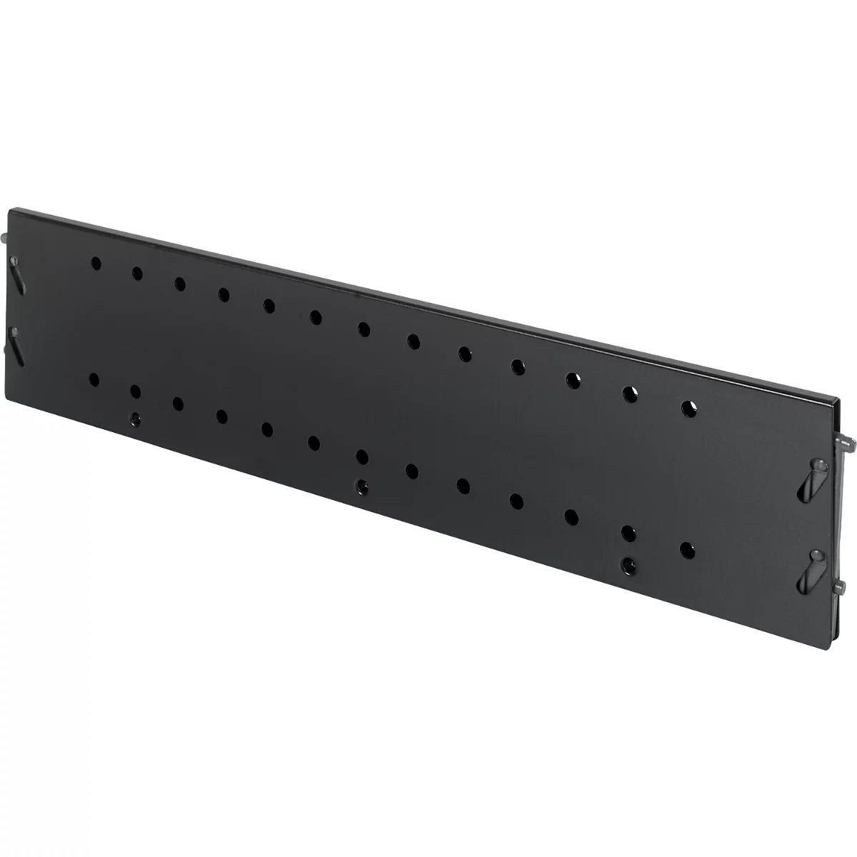 Black metal panel with holes, designed for mounting in a rack.