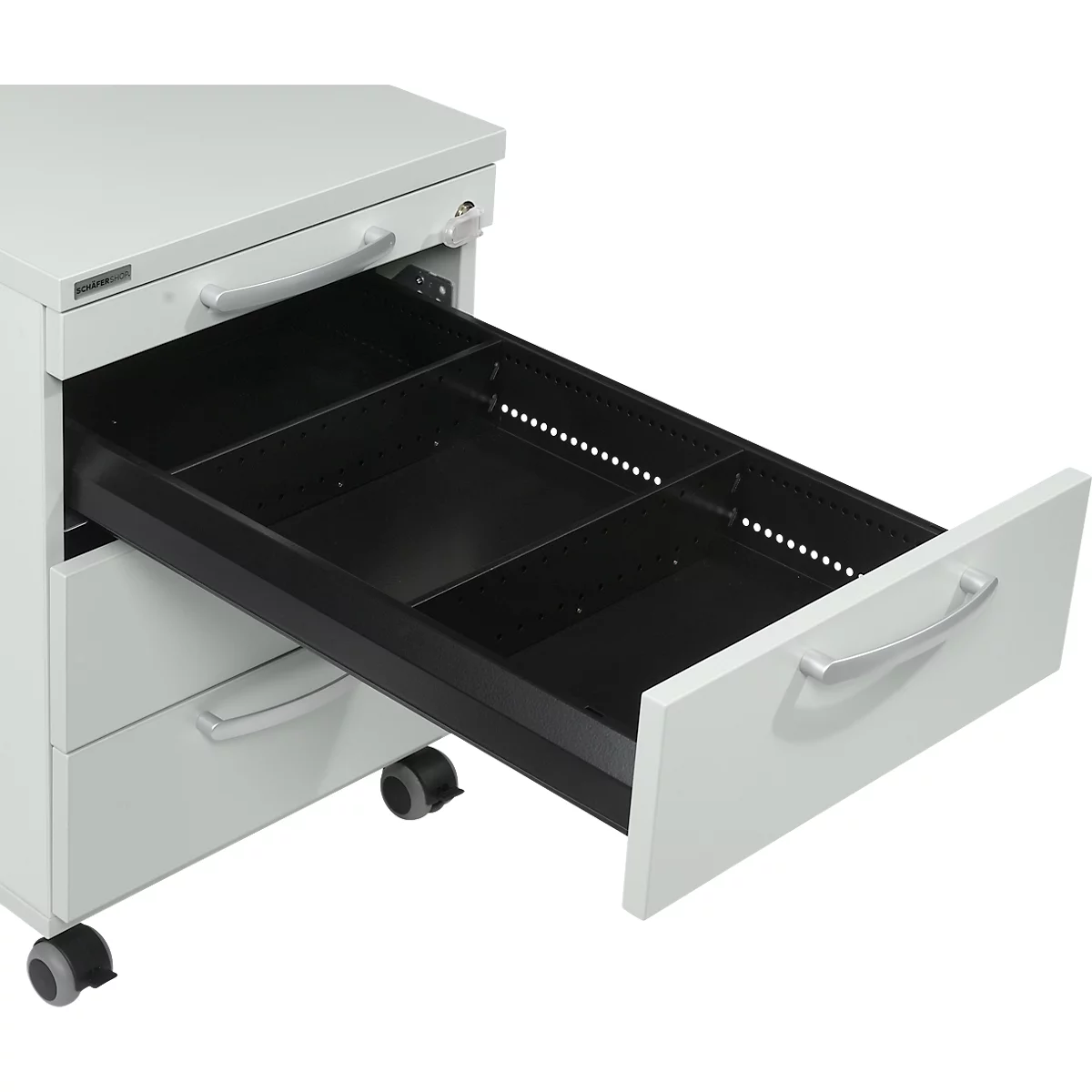 White filing cabinet, drawer open. Black divider, silver handles and castors.