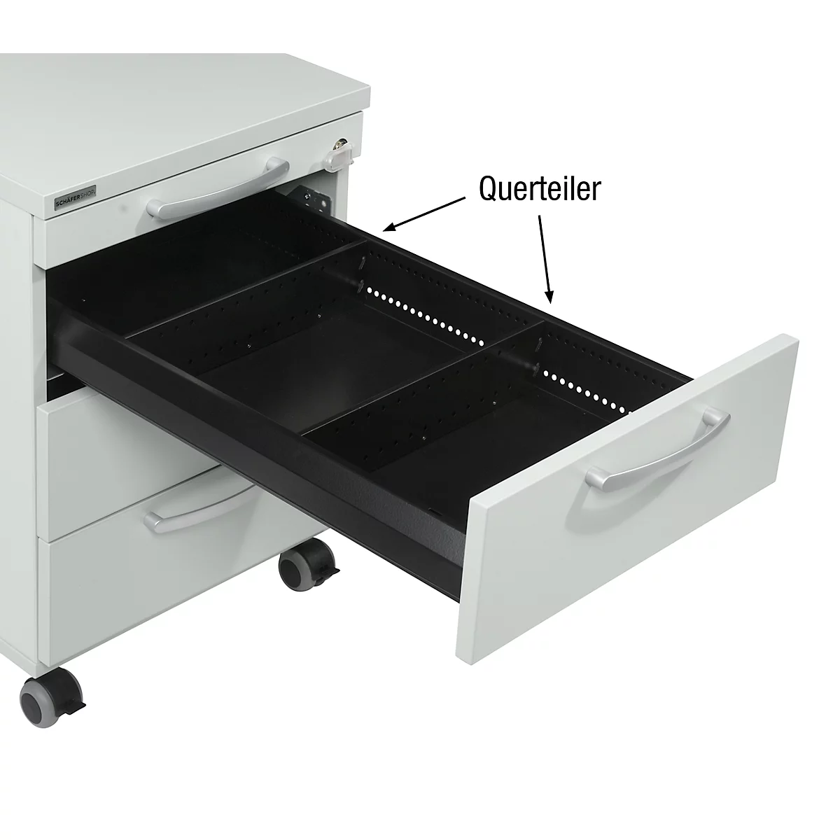 White mobile pedestal with pulled-out black drawer with dividers, handle and label "Querteiler".