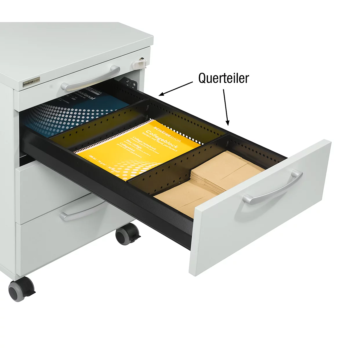 Drawer with dividers, yellow folders, and paper. Text: 'Querteiler'.