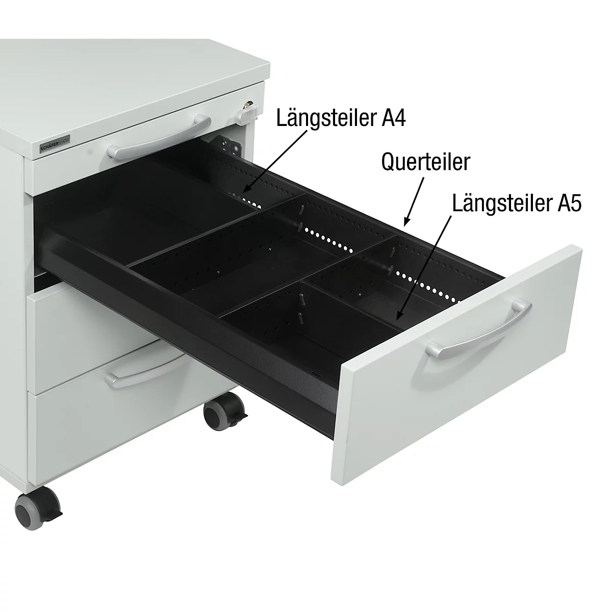 A white mobile pedestal with an open drawer. Drawer dividers are inserted, labeled with "Längsteiler A4", "Querteiler" and "Längsteiler A5".