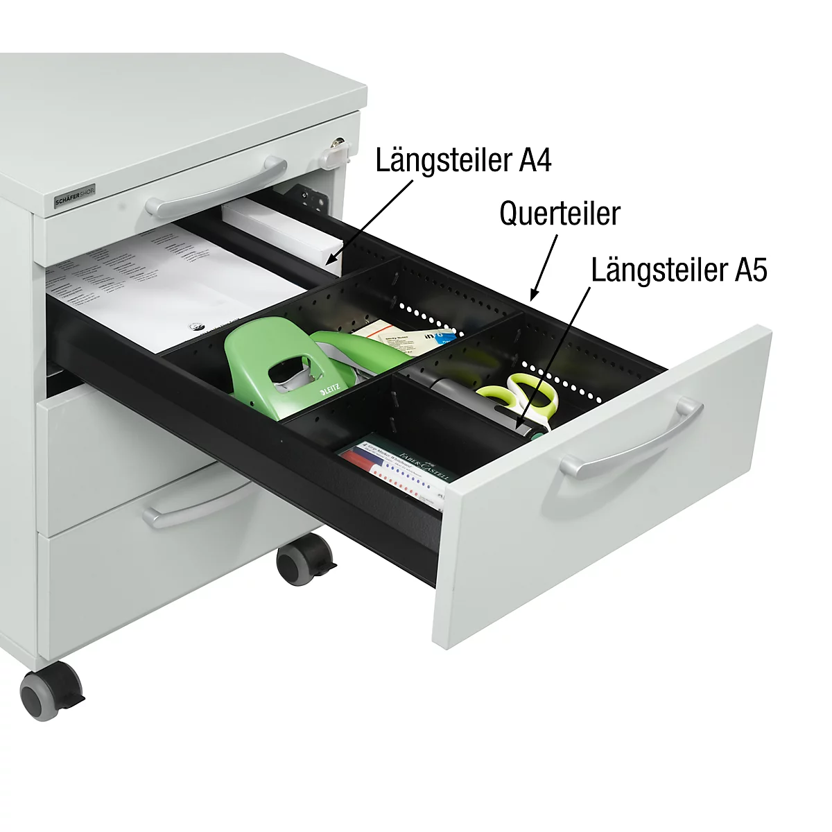 White office container with open drawer filled with office supplies. Labelling: Long divider A4, cross and long divider A5.