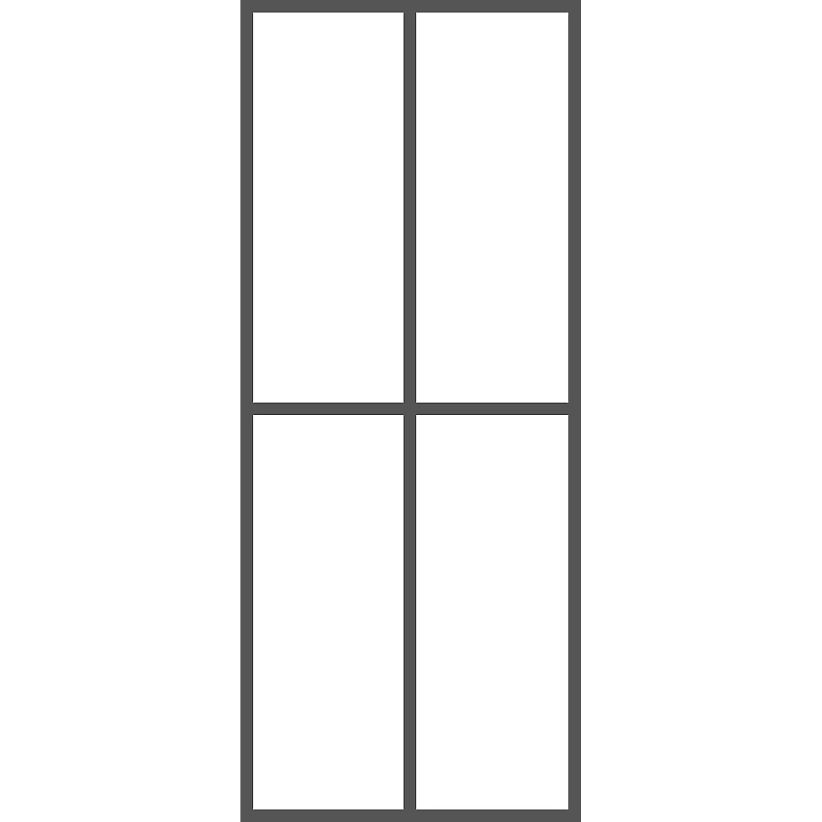 Grey window frame with four white panels.