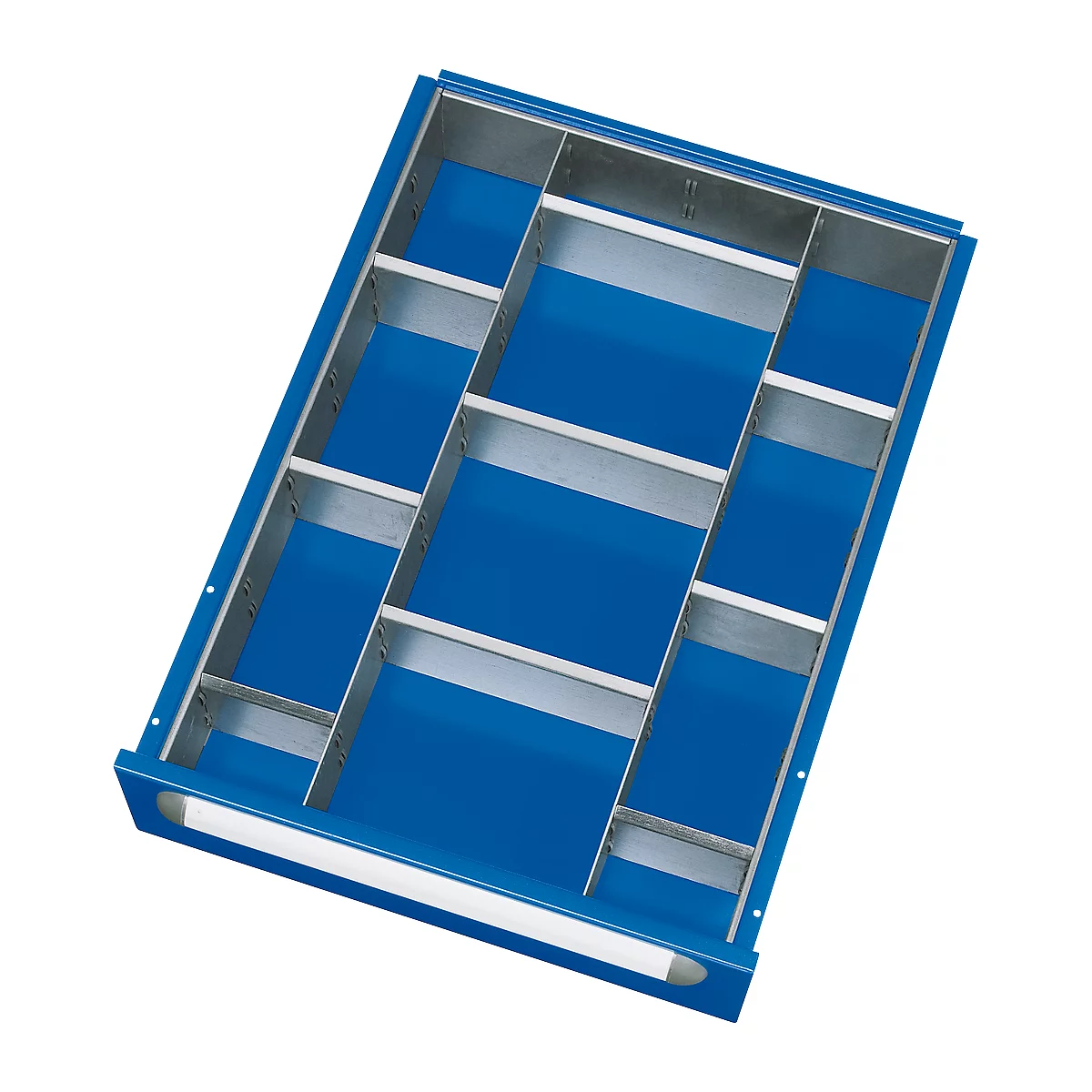 Blue metal drawer with silver dividers.
