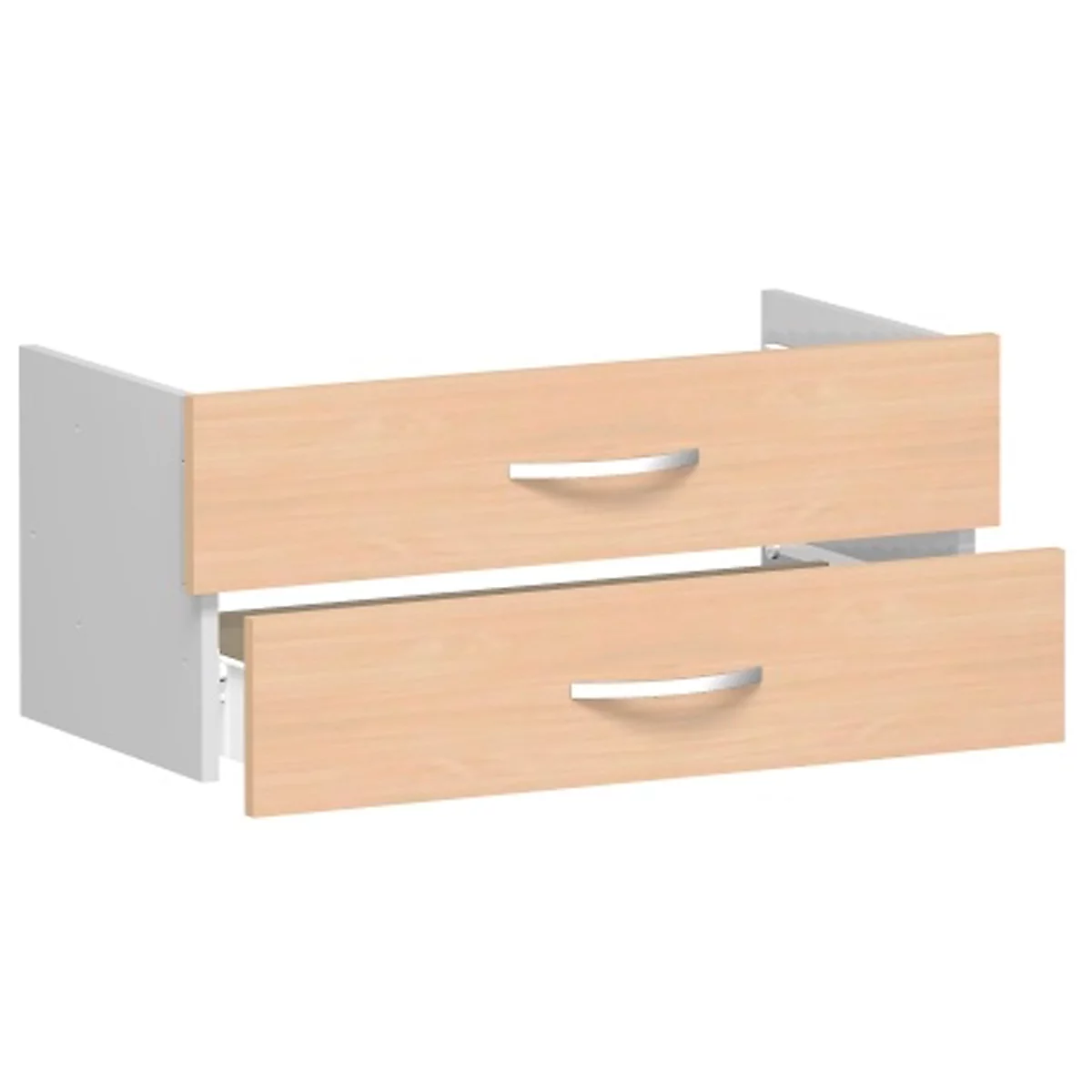 Close-up of a chest of drawers with two open drawers, wood look, silver handles.