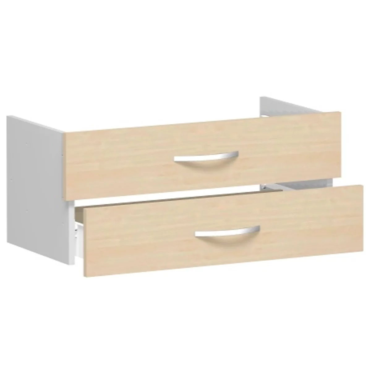 Two drawers of a dresser, top closed, bottom slightly open. Wood look, silver handles, white body.
