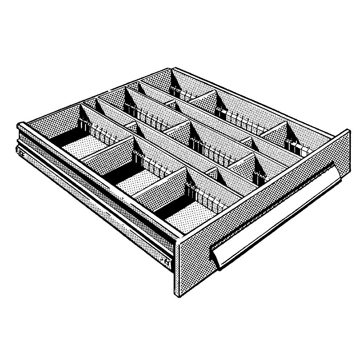 Open drawer with multiple compartments. A silver bar acts as a handle.