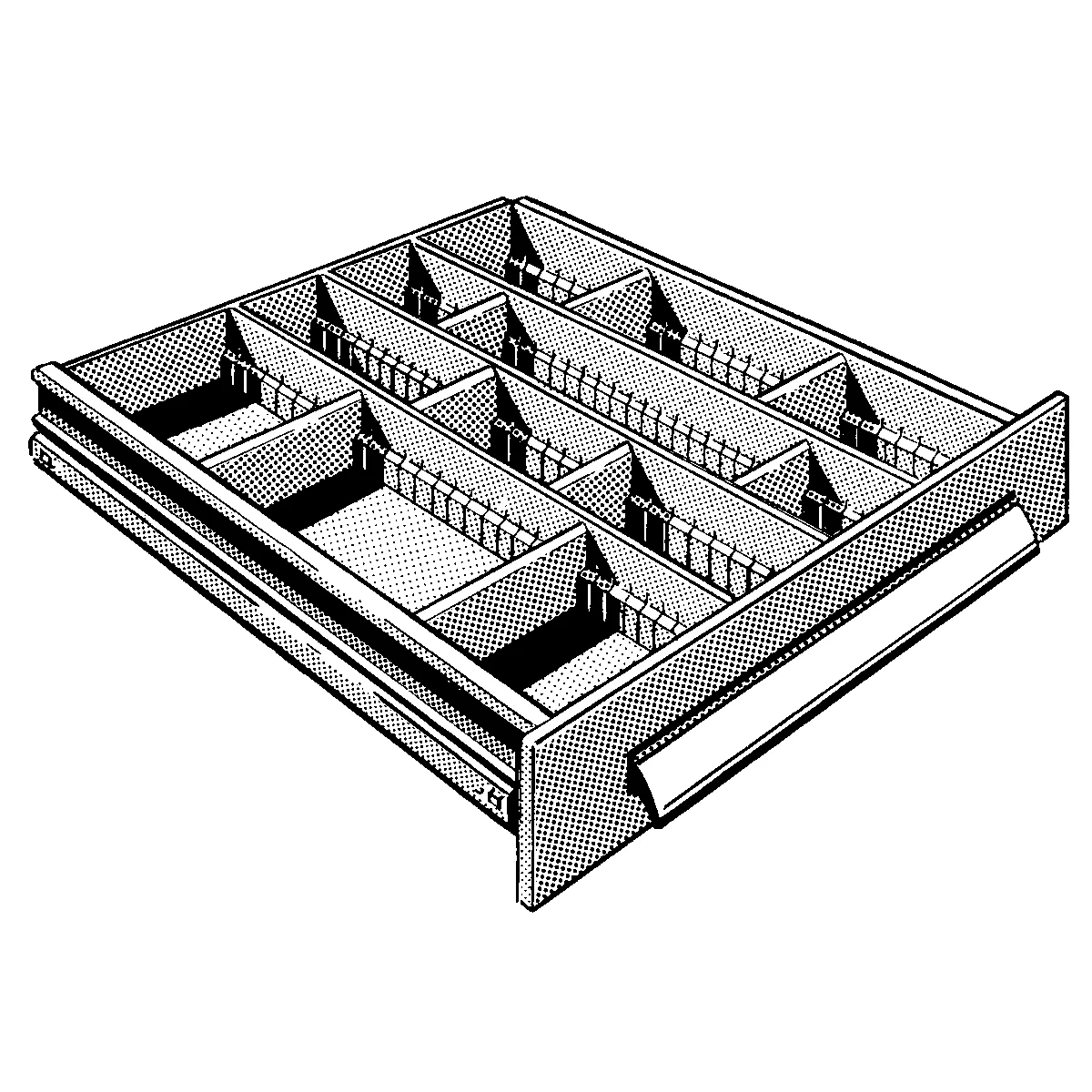 A drawer with multiple compartments, divided by partitions.