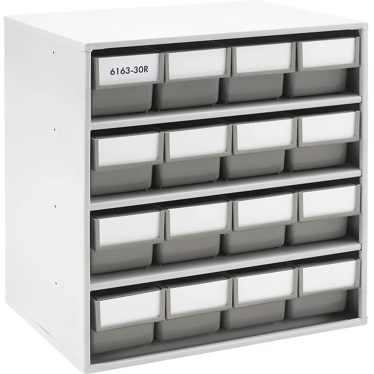 White cabinet with gray drawers. Top left, a sign reads 6163-30R.
