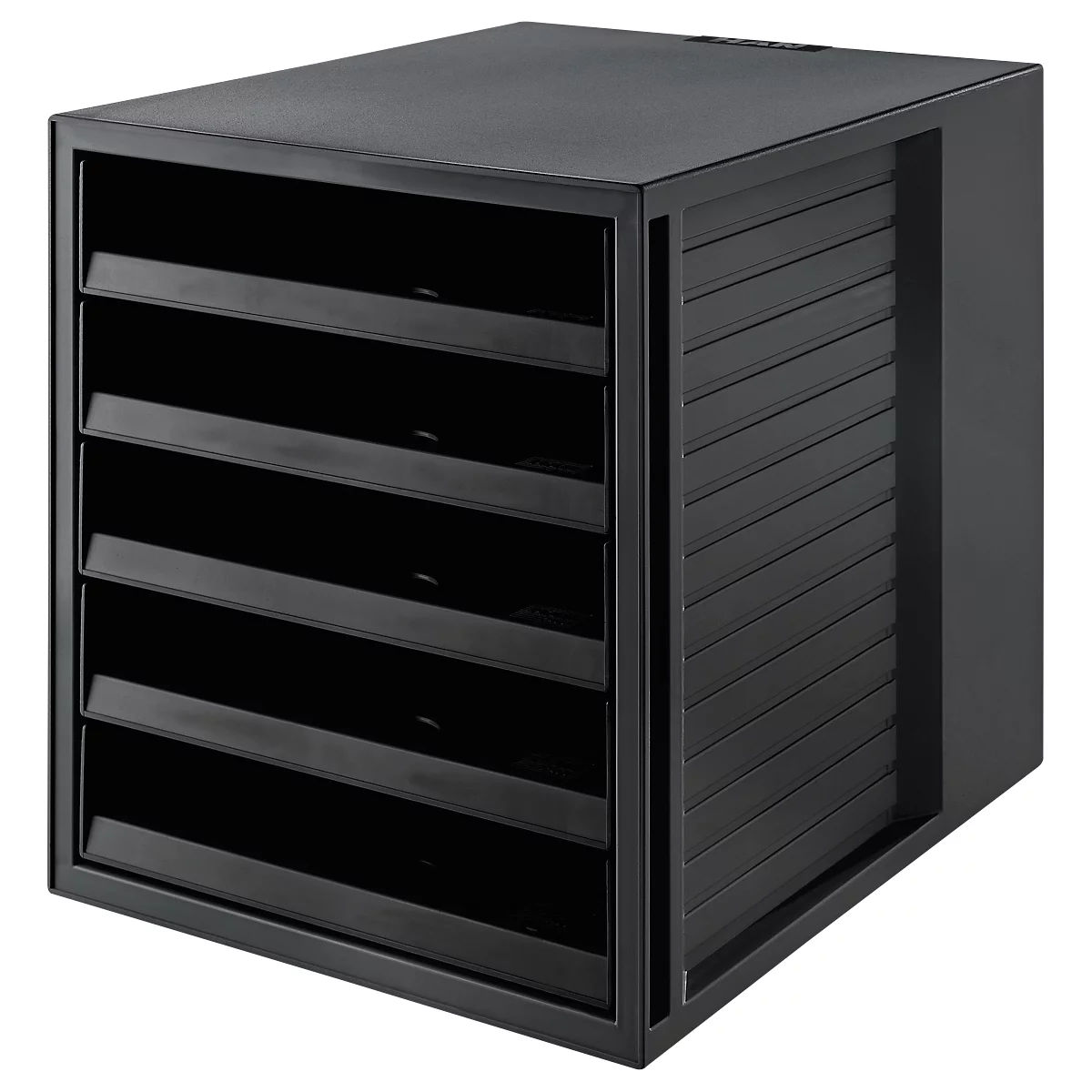 Black drawer cabinet with five compartments and roller shutter closure.