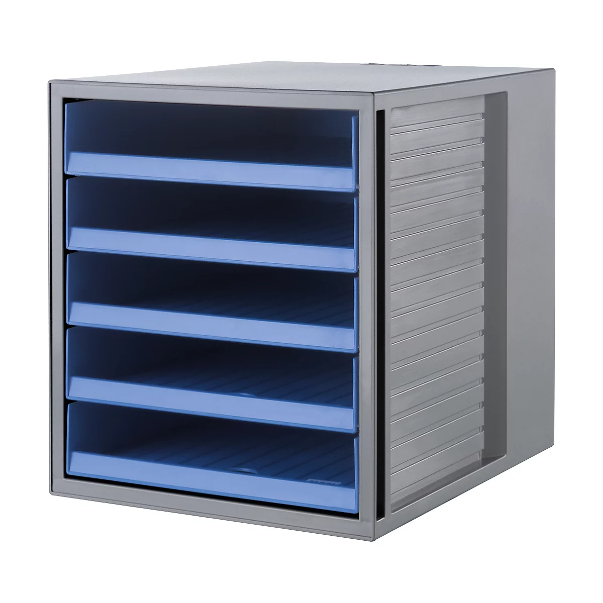 Gray file cabinet with six blue drawers. A roller shutter is visible on the side.