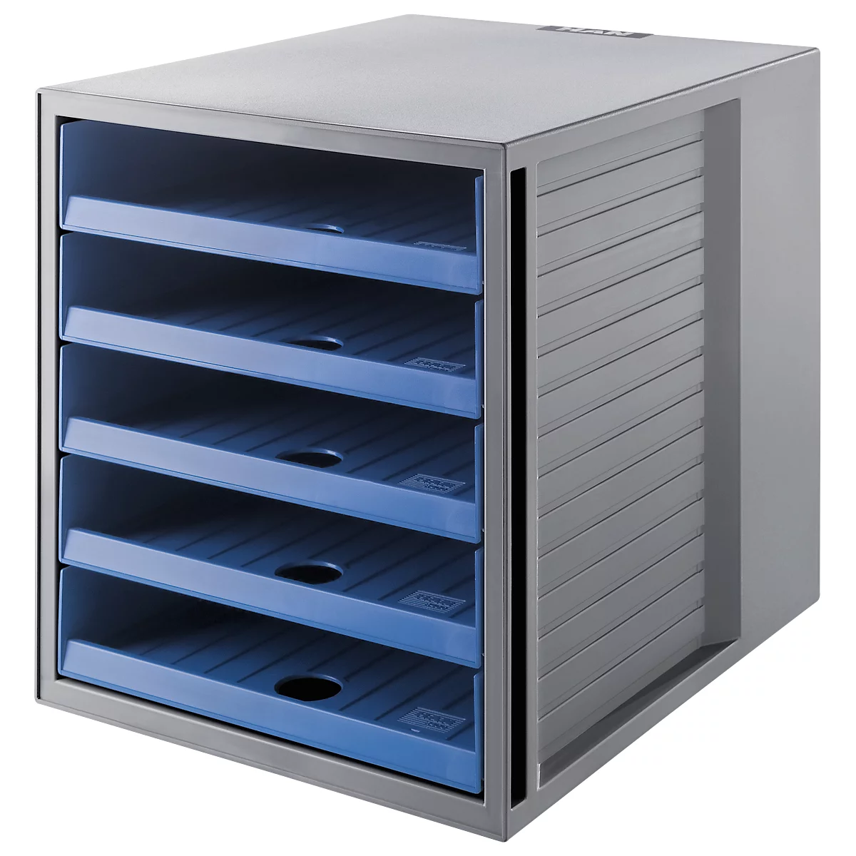 Gray office container with drawers, open. Blue drawers in a gray case.