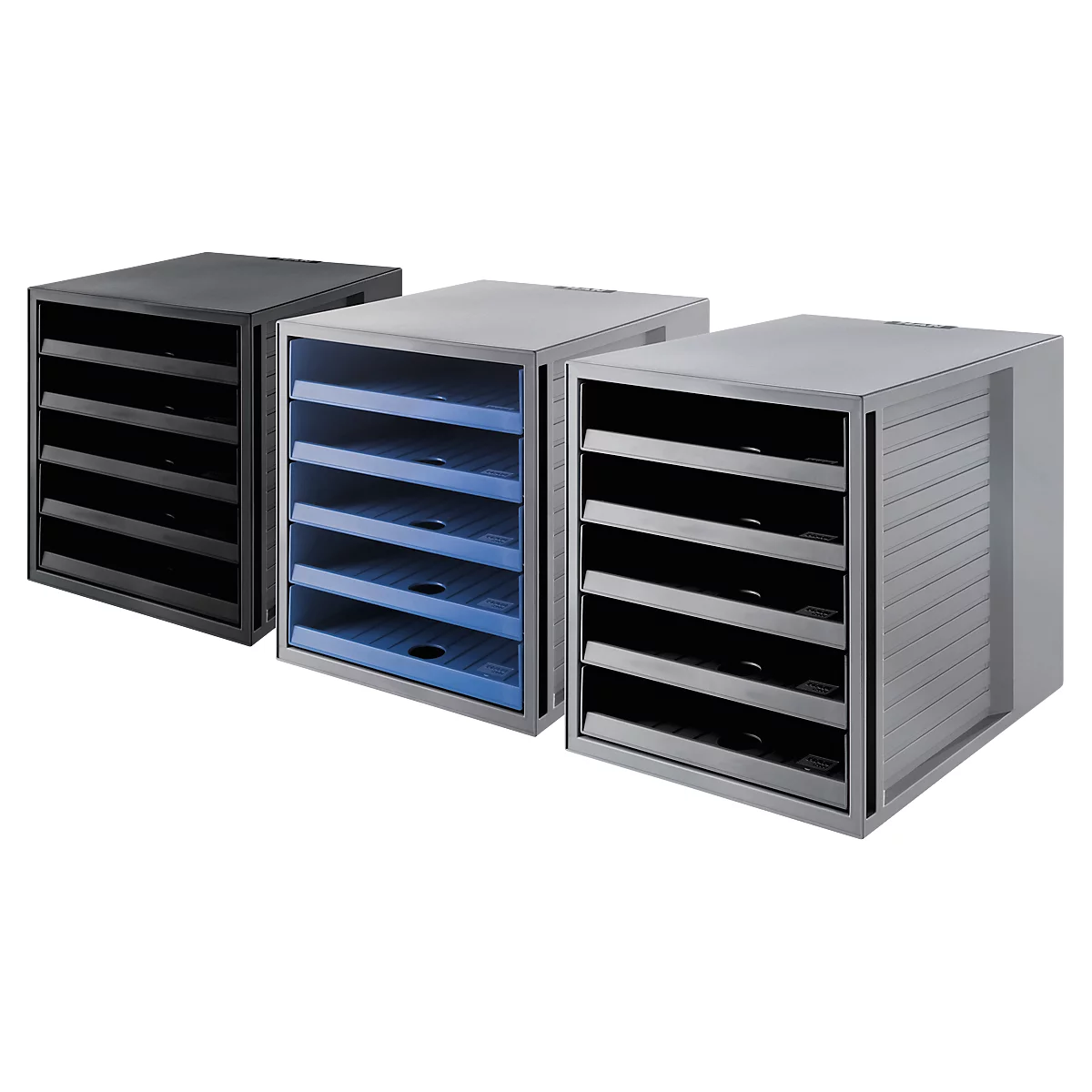 Three file cabinets in black, gray, and light blue with open drawers.