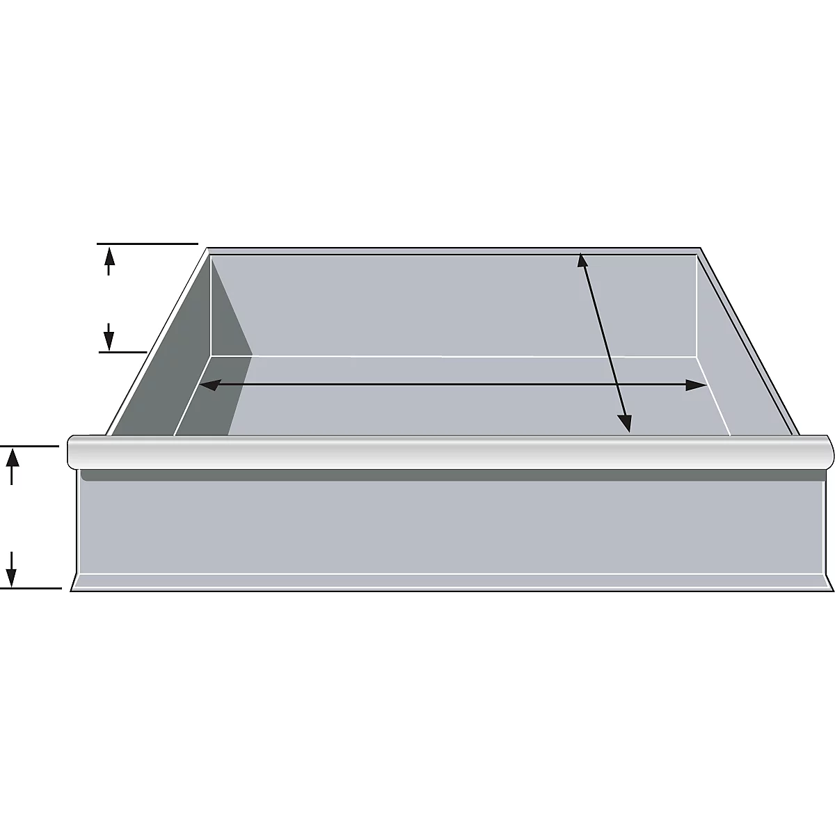 Grey metal tray with angled sides. Arrows indicate dimensions.