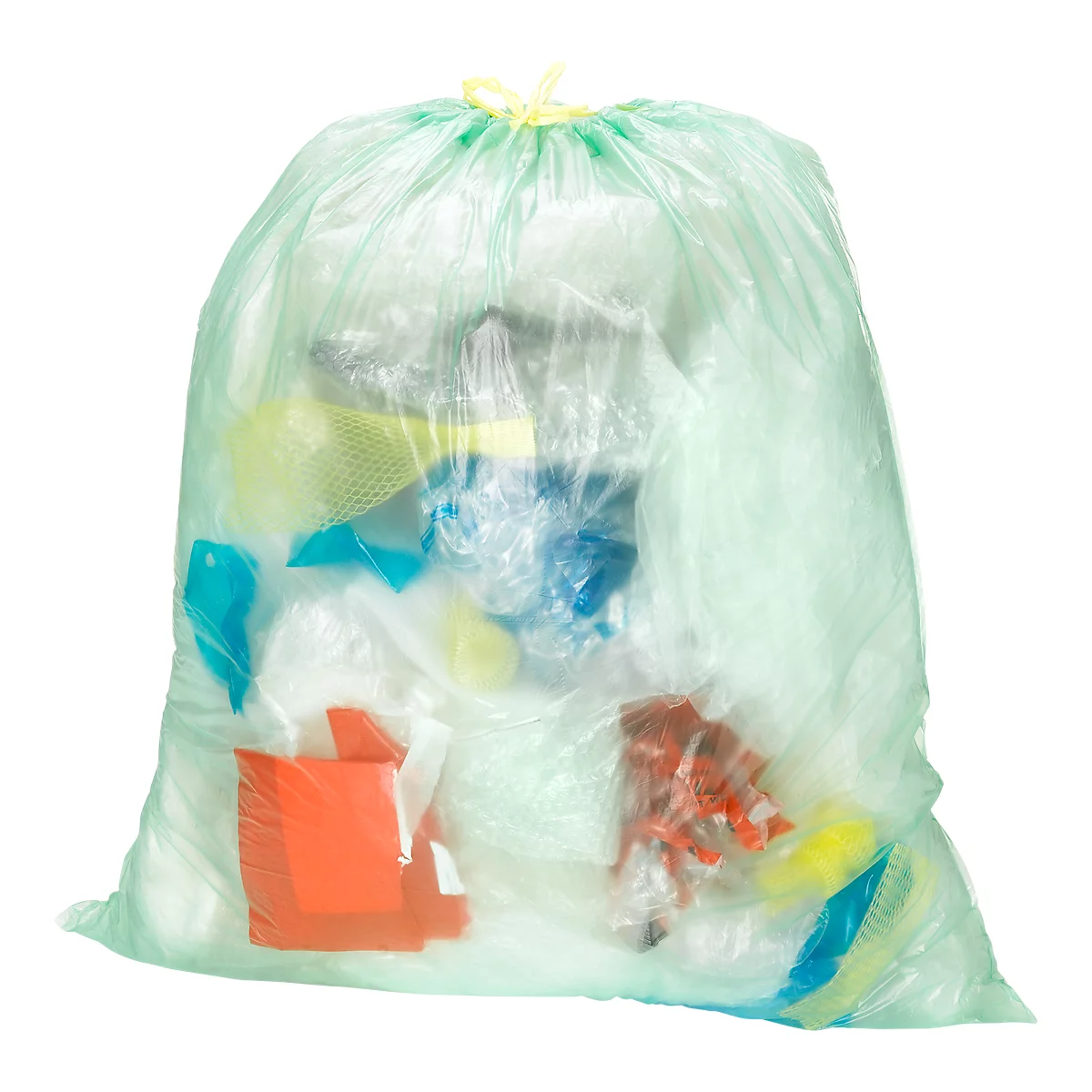Green garbage bag filled with colorful waste, closed at the top with a yellow band.