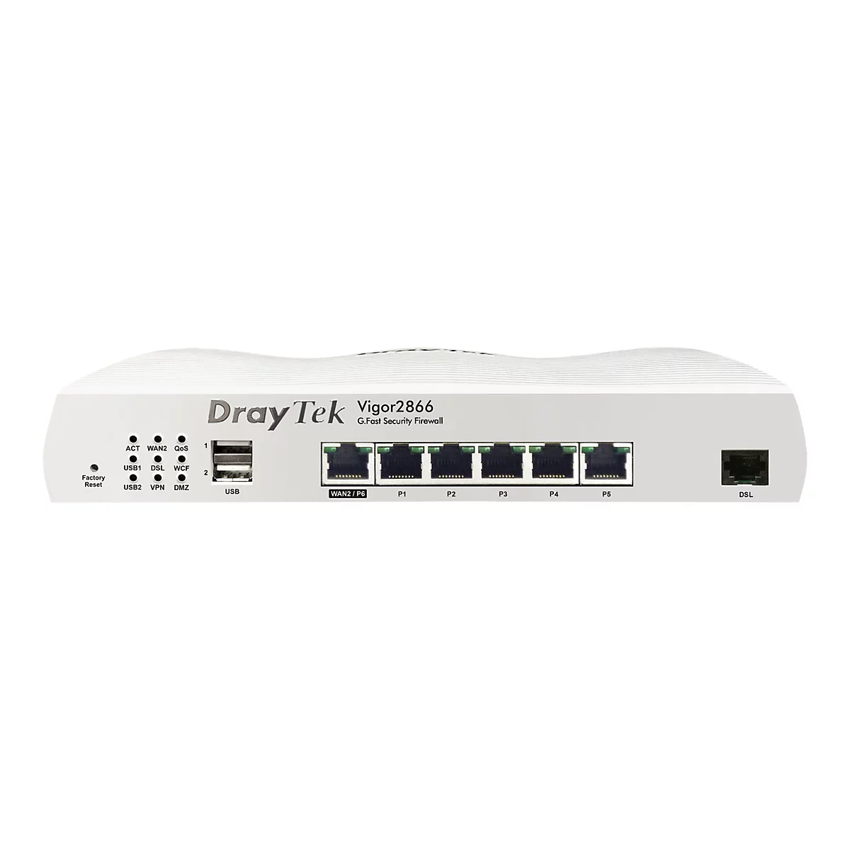 Ein weißes DrayTek Vigor2866 G.Fast Security Firewall-Gerät, Ansicht der Vorderseite. Mit Anschlüssen, LEDs und Beschriftungen.