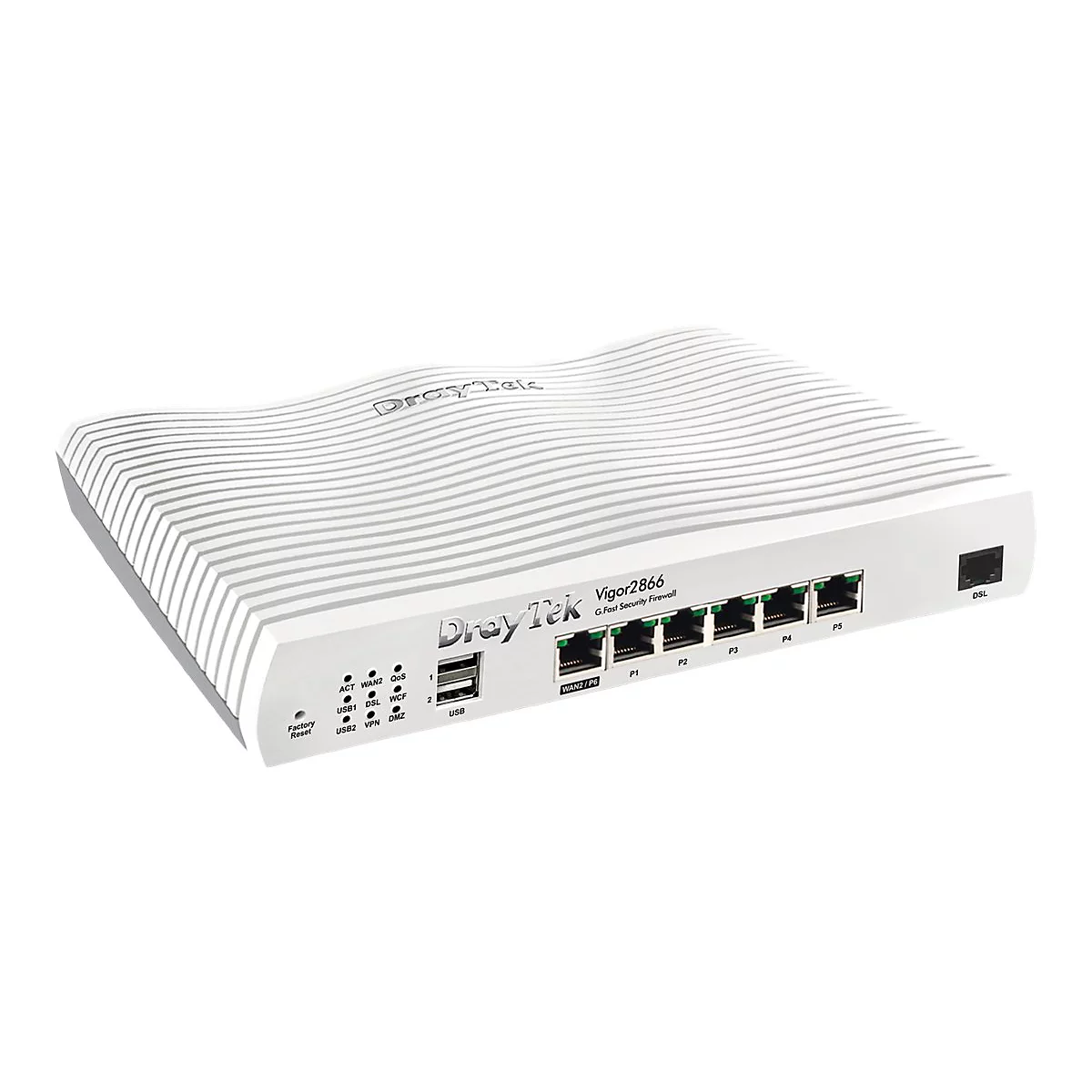 Ein weißer DrayTek Vigor2866 Router mit zahlreichen Anschlüssen und Kontrollleuchten. Die Oberfläche ist mit feinen, parallelen Linien strukturiert.