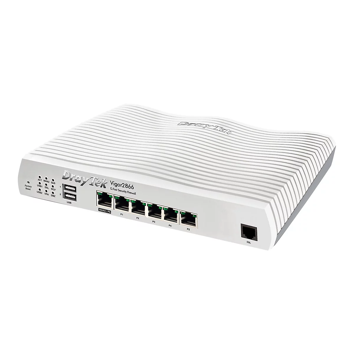Ein weißes DrayTek Vigor2866 G.Fast Security Firewall Router. Auf der Vorderseite befinden sich mehrere Anschlüsse und Leuchten.