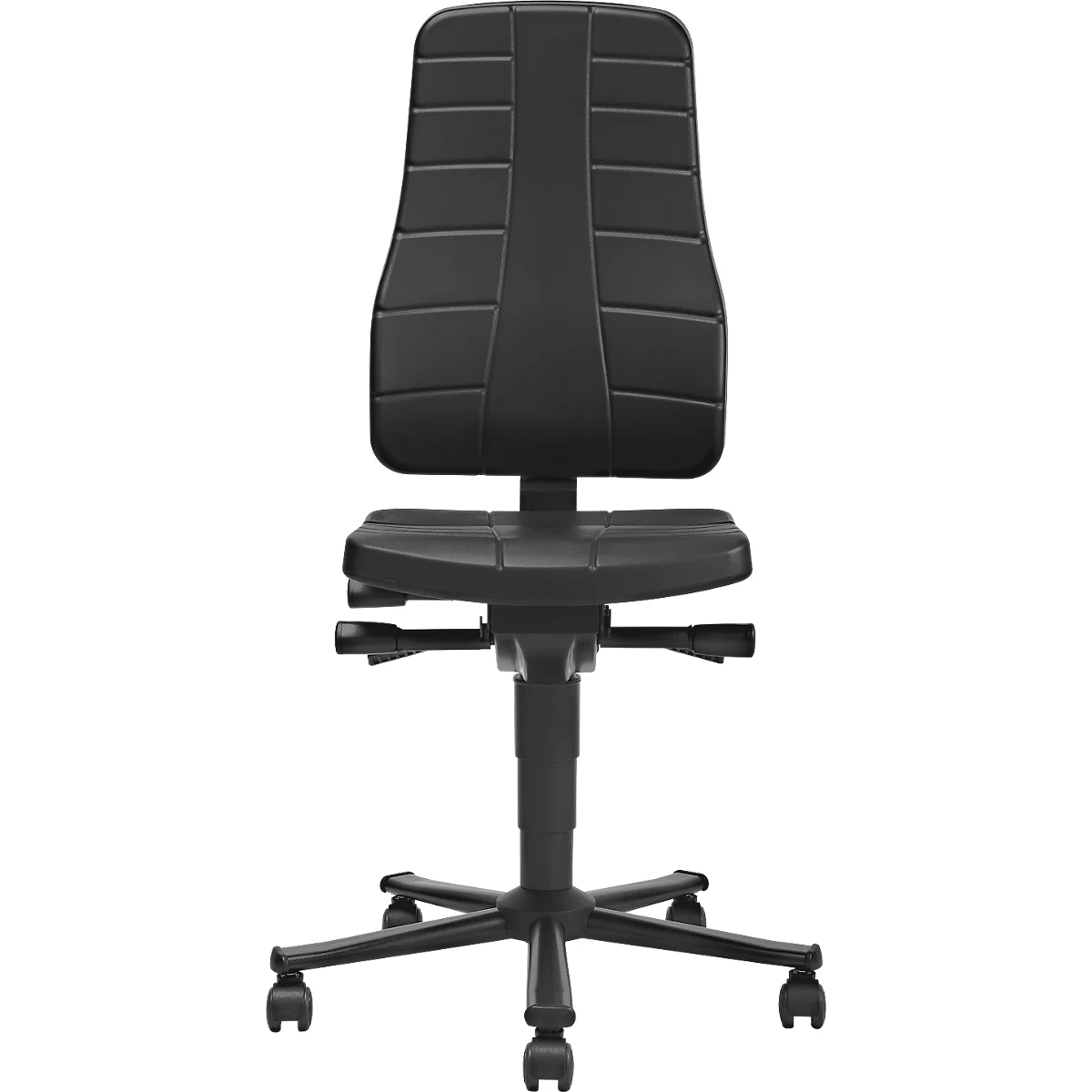 Schwarzer ergonomischer Bürodrehstuhl mit hoher Rückenlehne vor weißem Hintergrund.